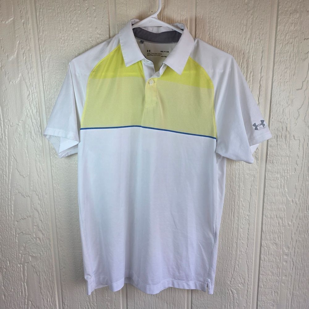 Under Armour Men's White and Yellow Polo Shirt, Size Small